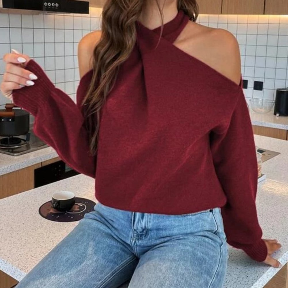 Crisscross Ruched Bishop Sleeve Sweater Burgundy - Picture 1 of 5